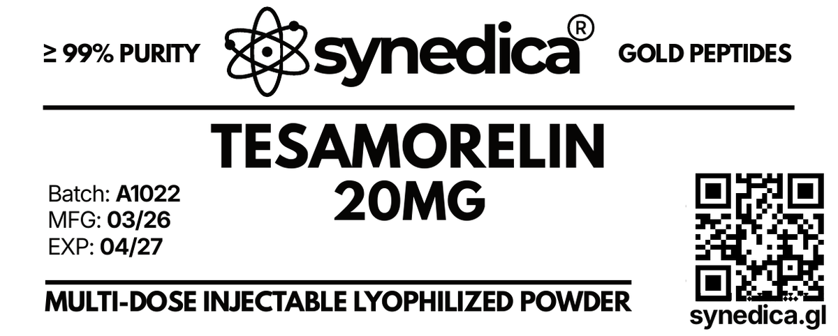 Product label showing the compound name, amount, batch number, manufacturing and expiry months, and the verification code.